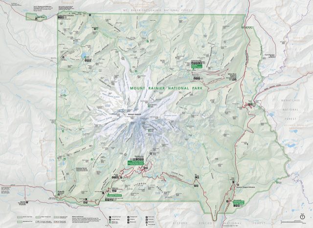National Park Service map of Mount Rainier National Park, showing the SR-410 and SR-123 corridor near the White River and Cayuse Pass entrances