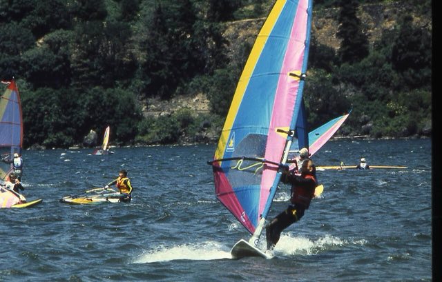 Windsurfers sailing on the Columbia River near Hood River in strong wind