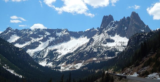Liberty Bell Mountain and the Early Winters Spires rising above the North Cascades Highway near Washington Pass